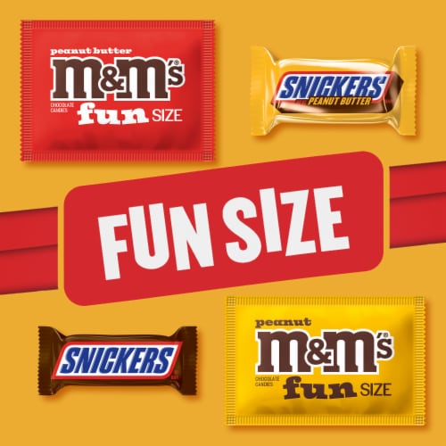 Snickers & M&M'S Fun Size Peanut and Peanut Butter Chocolate Candy Variety Pack Bulk Bag Perspective: right
