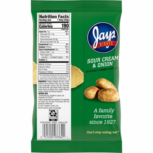 Jays® Potato Chips, Ridges Sour Cream and Onion, 1.25 Oz Snack Bag Perspective: right