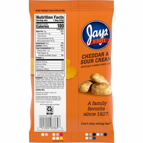 Jays Ridges Potato Chips, Cheddar and Sour Cream, 1.25 Oz Bag Perspective: right