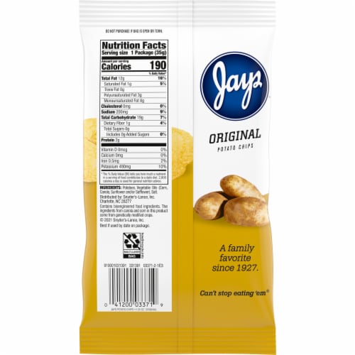 Jays® Original Potato Chips, 1.25 Oz Snack Bag Perspective: right