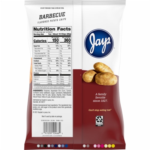 Jays® BBQ Potato Chips, 2.5 Oz Bag Perspective: right