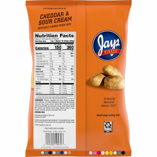 Jays Ridges Potato Chips Cheddar And Sour Cream Perspective: right