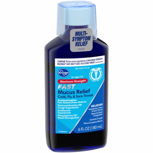 Kroger® Maximum Strength Fast Mucus Relief Flu & Sore Throat Cold Medicine Multi-Symptom Liquid Perspective: right