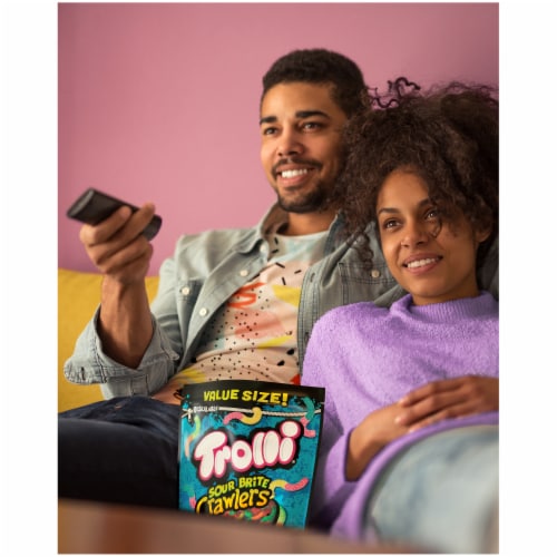 Trolli Sour Brite Crawlers Sweet and Sour Gummy Worm Candy Bag Perspective: right
