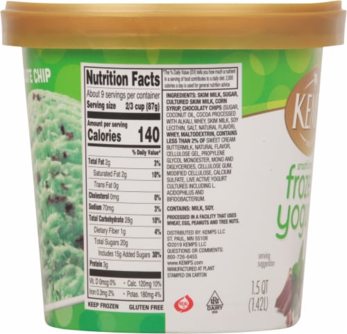 Kemps Smooth & Creamy Mint Chocolate Chip Frozen Yogurt Tub Perspective: right