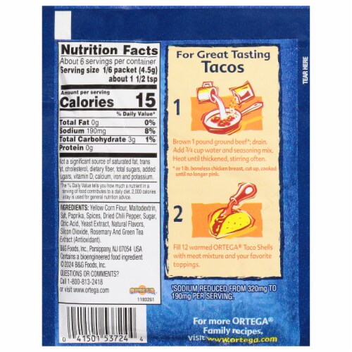 Ortega Taco 40% Less Sodium Seasoning Mix, Kosher Perspective: right
