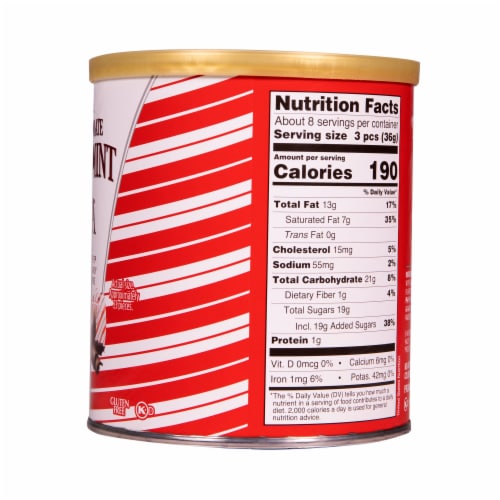 Brown & Haley® Roca® Dark Chocolate Peppermint Buttercrunch Toffee Holiday Candy Canister Perspective: right