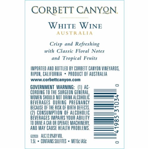 Corbett Canyon Pinot Grigio Blend California White Wine Perspective: right