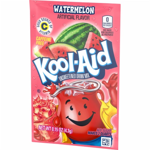 Kool Aid Unsweetened Watermelon Pink Powdered Soft Drink Mix Packet Perspective: right