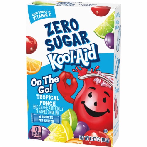 Kool Aid Zero Sugar Tropical Punch Red Powdered Soft Drink Mix On the Go Packets Perspective: right