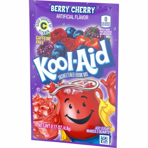 Kool Aid Unsweetened Berry Cherry Red Powdered Soft Drink Mix Packet Perspective: right