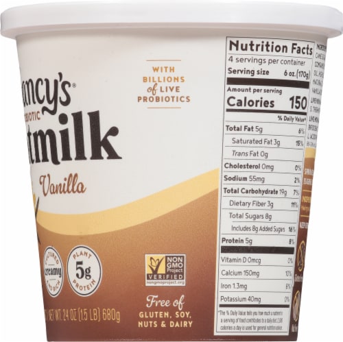Nancy's® Vanilla Dairy Free Probiotic Oat Milk Yogurt Tub Perspective: right