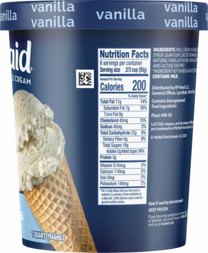 Lactaid Lactose Free Vanilla Ice Cream Tub Perspective: right