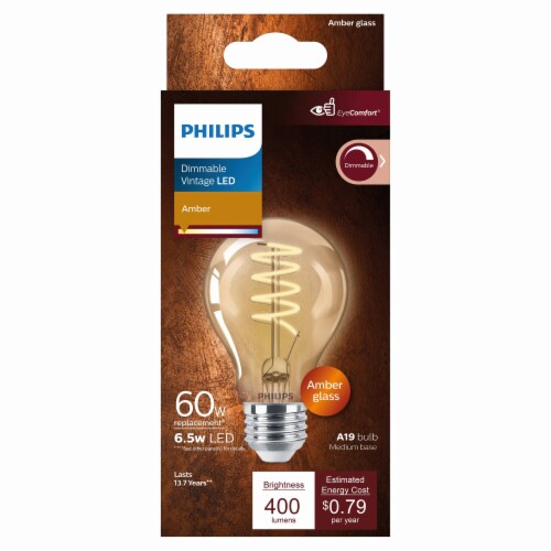 Philips 6.5-Watt (60-Watt) A19 Vintage LED Dimmable Light Bulb - Amber Light (2000K) Perspective: right