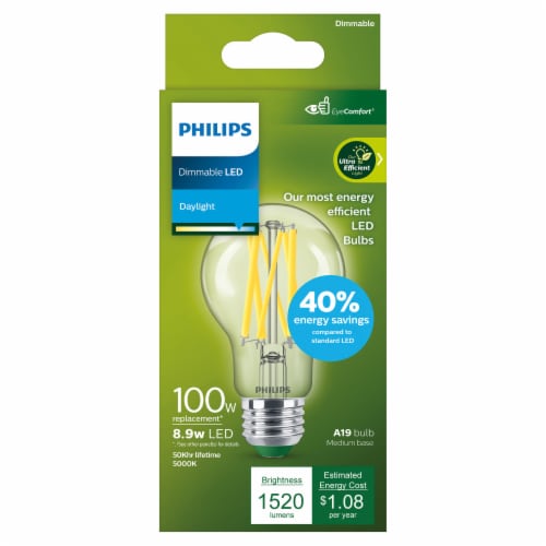 Philips Ultra Efficient A19 Clear Dimmable 800 Lumen 5000K Daylight 100W Equivalent Light Bulb 1 pk Fred Meyer