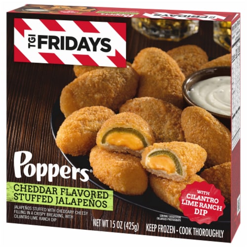 TGI Fridays Frozen Appetizers Cheddar Cheese Jalapeno Poppers with Cilantro Lime Ranch Dip Box Perspective: right