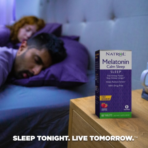 Natrol® Melatonin Sleep Aid Supplement Calm Sleep Strawberry Flavored Fast Dissolve Tablets Perspective: right