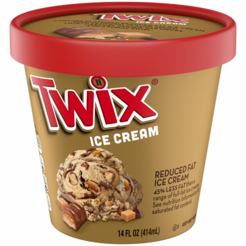 TWIX Caramel and Fudge Swirl Ice Cream Reduced Fat Caramel Ice Cream and Twix Candy Bar Pieces Perspective: right