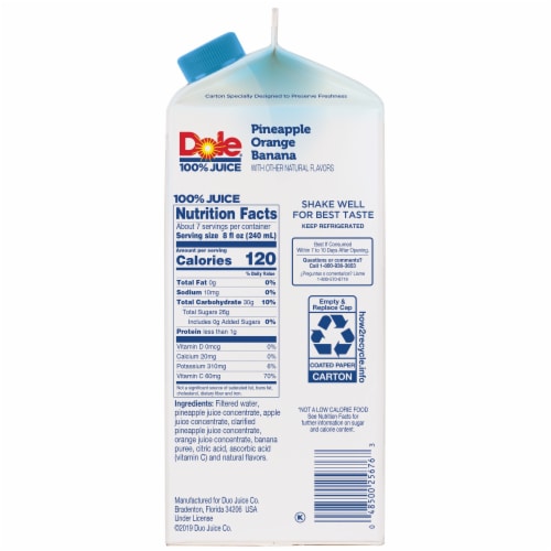 Dole 100% Juice Blend, Pineapple Orange Banana Flavored, 59 Fl Oz, Carton Perspective: right
