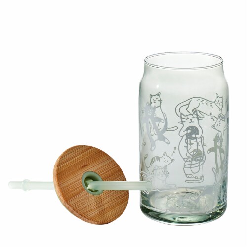 Tabletops Gallery 15.2 Oz Soda Can Glass Sipper - Green/Cats Perspective: right