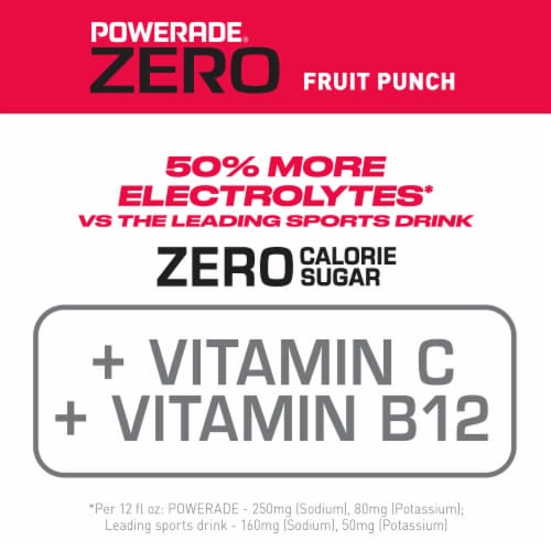 Powerade Zero Sugar Fruit Punch No Sugar Added Electrolyte & Vitamin Fruit Flavor Sports Drink Perspective: right