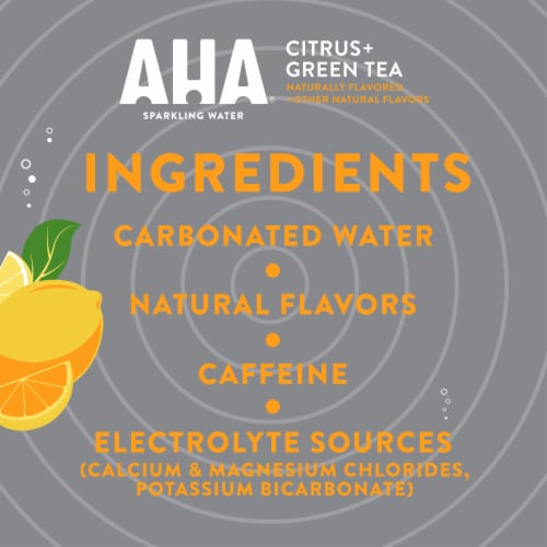 AHA® Caffeinated Citrus and Green Tea Flavored Sparkling Water Cans Perspective: right