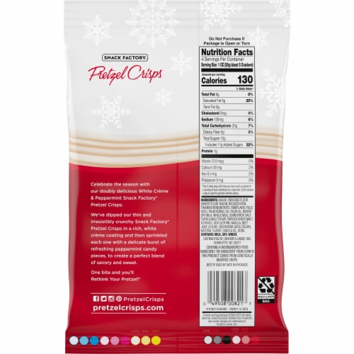 Snack Factory Pretzel Crisps Holiday White Crème And Peppermint Covered Pretzels Perspective: right