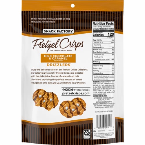 Snack Factory Pretzel Crisps Drizzlers Milk Chocolate & Caramel Drizzled Pretzels Perspective: right
