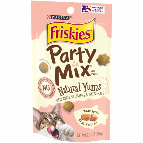 Friskies Party Mix Natural Yums with Real Salmon Cat Treats Perspective: right