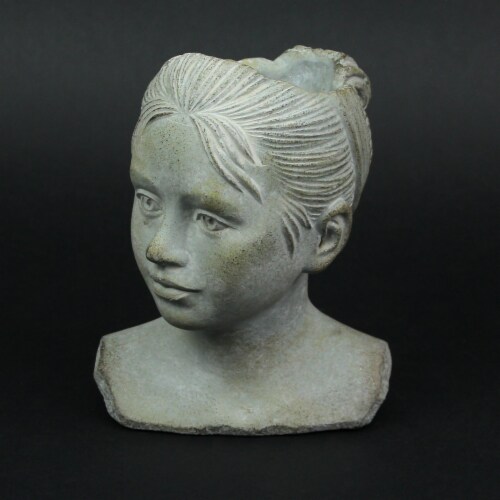 Weathered Cast Cement Young Girl Child Bust Indoor / Outdoor Head Plant Pot Planter Perspective: right