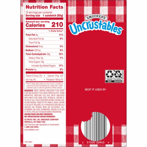 Smucker’s Uncrustables Peanut Butter & Strawberry Jam Sandwiches, 15 Count, 2 Oz. Each, Frozen Perspective: right