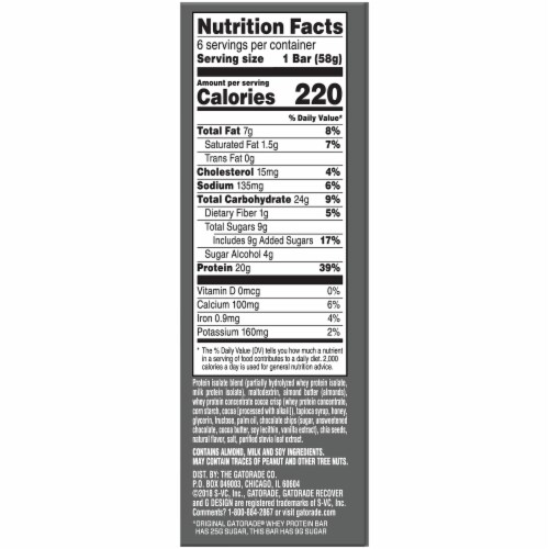 Gatorade Recover Chocolate Chip Cookie Dough Whey Protein with Almond Butter Bars Perspective: right