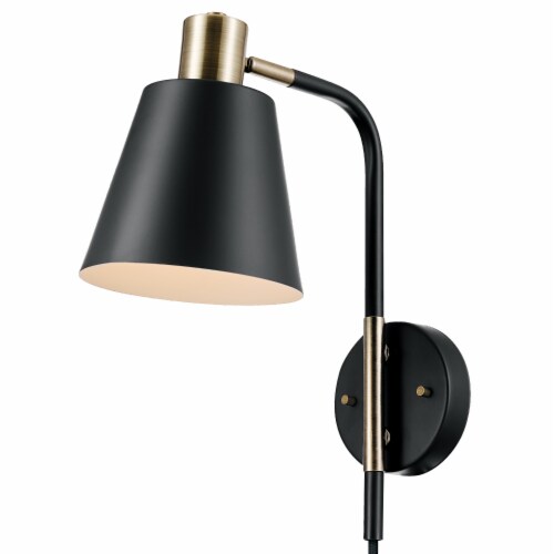 Lex 1-Light Plug-In or Hardwire Wall Sconce - Matte Black With Antique Brass Accents Perspective: right
