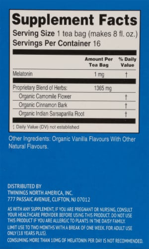 Twinings® of London Sleep+ Melatonin Camomile, Cinnamon, & Vanilla Flavoured Herbal Tea Perspective: right