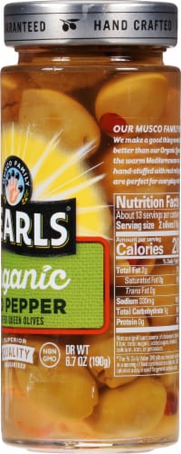 Pearls Organic Red Pepper Stuffed Green Olives Perspective: right