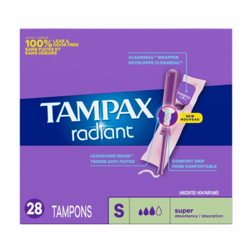 Tampax Radiant Tampons, with LeakGuard Braid, Super Absorbency, Unscented Perspective: right