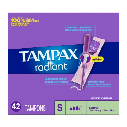 Tampax Radiant LeakGuard Protection Tampons Super Absorbency Unscented Perspective: right