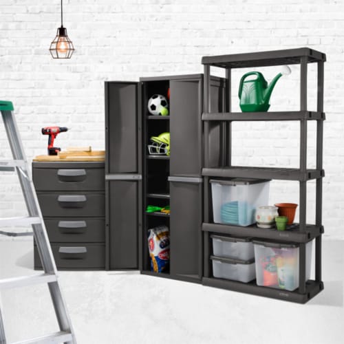 Sterilite Adjustable 4-Shelf Storage Cabinet With Doors, Dark Gray Perspective: right
