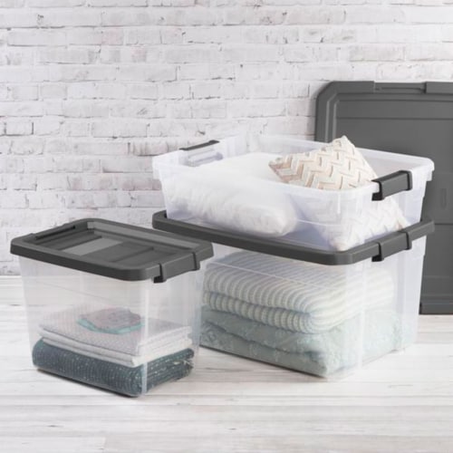 Sterilite Clear Plastic Stackable Storage Container Bin with Grey Latch Lid Perspective: right