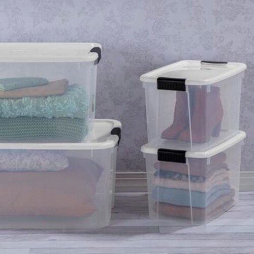 Sterilite 30 Qt Clear Plastic Stackable Storage Bin w/ Latch Lid, White (6 Pack) Perspective: right