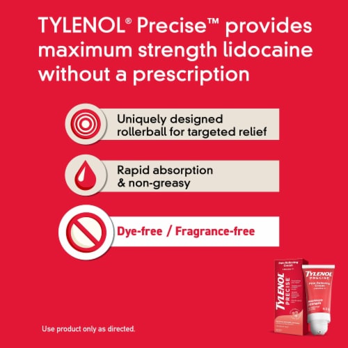Tylenol Precise Maximum Strength 4% Lidocaine Pain Relieving Cream Perspective: right