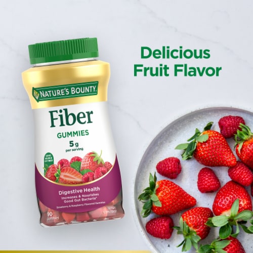 Nature's Bounty Fiber Gummies, 5g Prebiotic Fiber, Strawberry & Raspberry Flavor Perspective: right