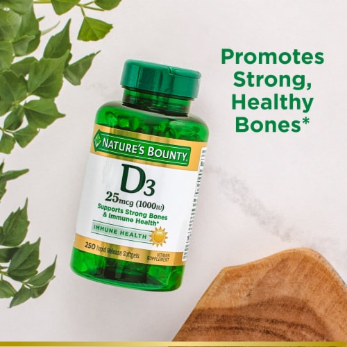 Nature’s Bounty Vitamin D3 1000 IU Bone Support Rapid Release Softgels Perspective: right