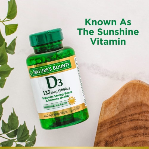 Nature’s Bounty Vitamin D3 125 mcg Immune Support Softgels Perspective: right