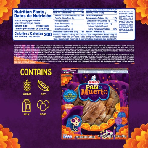 Bimbo Pan de Muerto Cinnamon & Chocolate Drizzled Sweet Bread Pan Dulce with Chocolate Chips Perspective: right