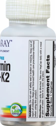 Solaray Vitamin D3+K2 Soy-Free VegCaps 5000 IU Perspective: right