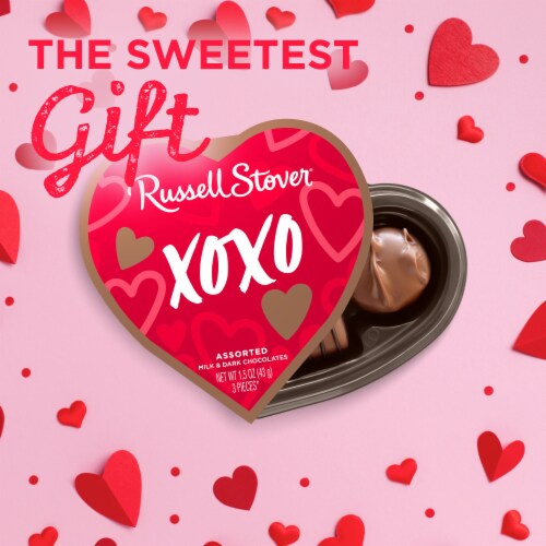 RUSSELL STOVER Valentine's Day Happy Heart Day Assorted Milk & Dark Chocolate Candy Gift Box Perspective: right
