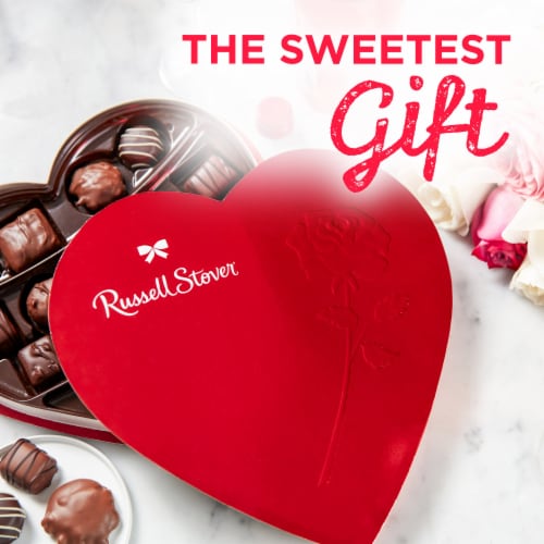 Russell Stover Assorted Milk & Dark Chocolates Red Foil Heart Valentine Candy Gift Box Perspective: right