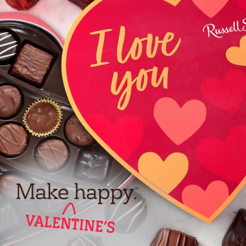 RUSSELL STOVER Valentine's Day "LOVE" Heart Assorted Milk & Dark Chocolate Candy Gift Box Perspective: right