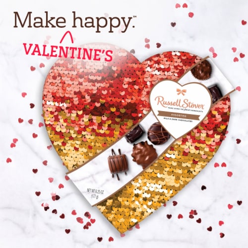 RUSSELL STOVER Valentine's Day Sequin Heart Assorted Milk & Dark Chocolate Gift Box Perspective: right